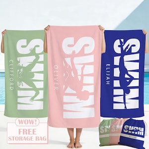 Personalisiertes Strandtuch mit Schwimmstilmotiven, Handtuch mit individuellem Namen für das Schwimmteam, schnelltrocknendes Poolhandtuch, Geschenk für Schwimmvereine, Geburtstagsgeschenk für Kinder und Erwachsene, die schwimmen