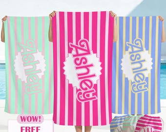 Custom Barbie-Themed Striped Beach Towel with Name,Personalized Gift for Teen,Birthday Trip for Girls,Bachelorette Party Pool Party Towel