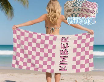 Personalized Checkered Beach Towel: Retro Custom Name Pool Towel,Pool Towel,Bachelorette Party Towel,Colored Kids Towel
