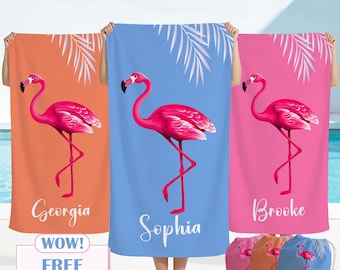 Personalisierte Flamingo Strandtuch, individuelles Namen Geschenk für Urlaub, Geburtstagsausflug Badetuch für Mädchen / Familie, Junggesellinnenabschied Pool-Party Handtuch