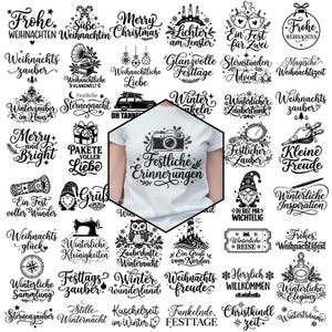 May include: A white t-shirt featuring a central hexagonal graphic of a camera and the text Festliche Erinnerungen, surrounded by a grid of various black and white holiday-themed illustrations and German phrases including Frohe Weihnachten.