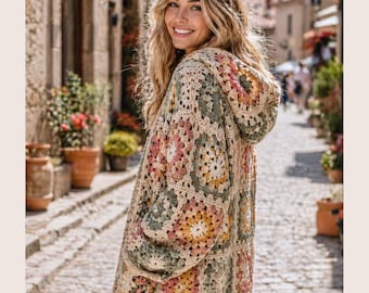 Granny Square Hoodie Crochet Pattern, Oversized Boho Sweater, Patchwork Design (PDF Download)