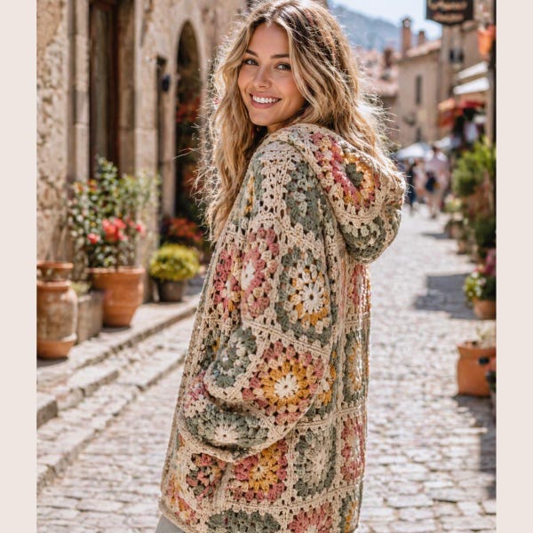 Granny Square Hoodie Crochet Pattern, Oversized Boho Sweater, Patchwork Design (PDF Download)