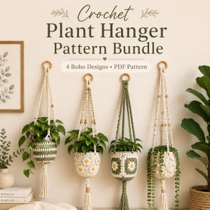 May include: An image of a Crochet Plant Hanger Pattern Bundle. The image shows four boho-style plant hangers with wooden rings and tassels. The hangers are in cream and green, with various floral and geometric patterns. The text reads "Crochet Plant Hanger Pattern Bundle".