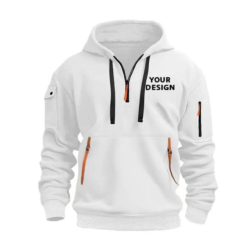 Personalised Logo Hoodies, Custom Logo Hoodie, Company Merch Jumpers, Custom Workwear Gift for Worker, Uniform Hoodie, Gift for Dad. May include: White hooded sweatshirt with a front zipper, black drawstrings, and orange accents. Features a kangaroo pocket and a small pocket on the left sleeve. The text "YOUR DESIGN" is printed on the chest.