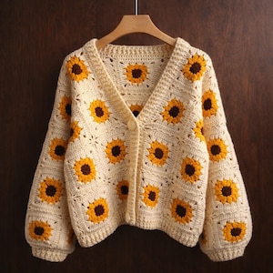 Mönster för virkad kofta med fyrkantig solrosmönster och mormorsmönster, bohemisk puffstygnströja (PDF-mönster)