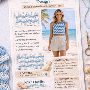 Puede incluir: Un patrón PDF imprimible para un diseño de top corto de ganchillo con diseño de chevrón. El patrón de top de verano sin mangas en zigzag se trabaja plano en una puntada de chevrón. Incluye una guía de tallas, pasos de fila, un diagrama de ganchillo y terminología estadounidense.