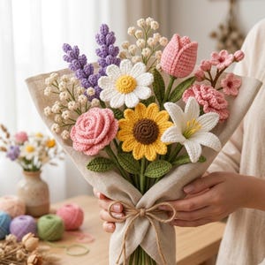 Op de afbeelding: Een handgemaakt boeket van gehaakte bloemen, waaronder een roze roos, gele zonnebloem, witte madelief en paarse lavendel. De bloemen zijn verpakt in beige stof en vastgebonden met touw. Een uniek, handgemaakt cadeau.
