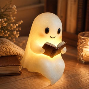 May include: A glowing, translucent white ghost-shaped lamp with a smooth, glittery texture. The ghost has two small black oval eyes, a simple curved smile, and soft pink cheeks. It is holding a small, open brown book in its hands.