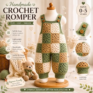 Könnte beinhalten: Handgefertigter Häkel-Strampler in grünen, beigen und cremefarbenen Granny Squares. Der Strampler hat verstellbare Knopfriemen und bequeme Knöchelbündchen. Der Text auf dem Bild lautet "Handmade Crochet Romper" und "Größen 0-5 Jahre".