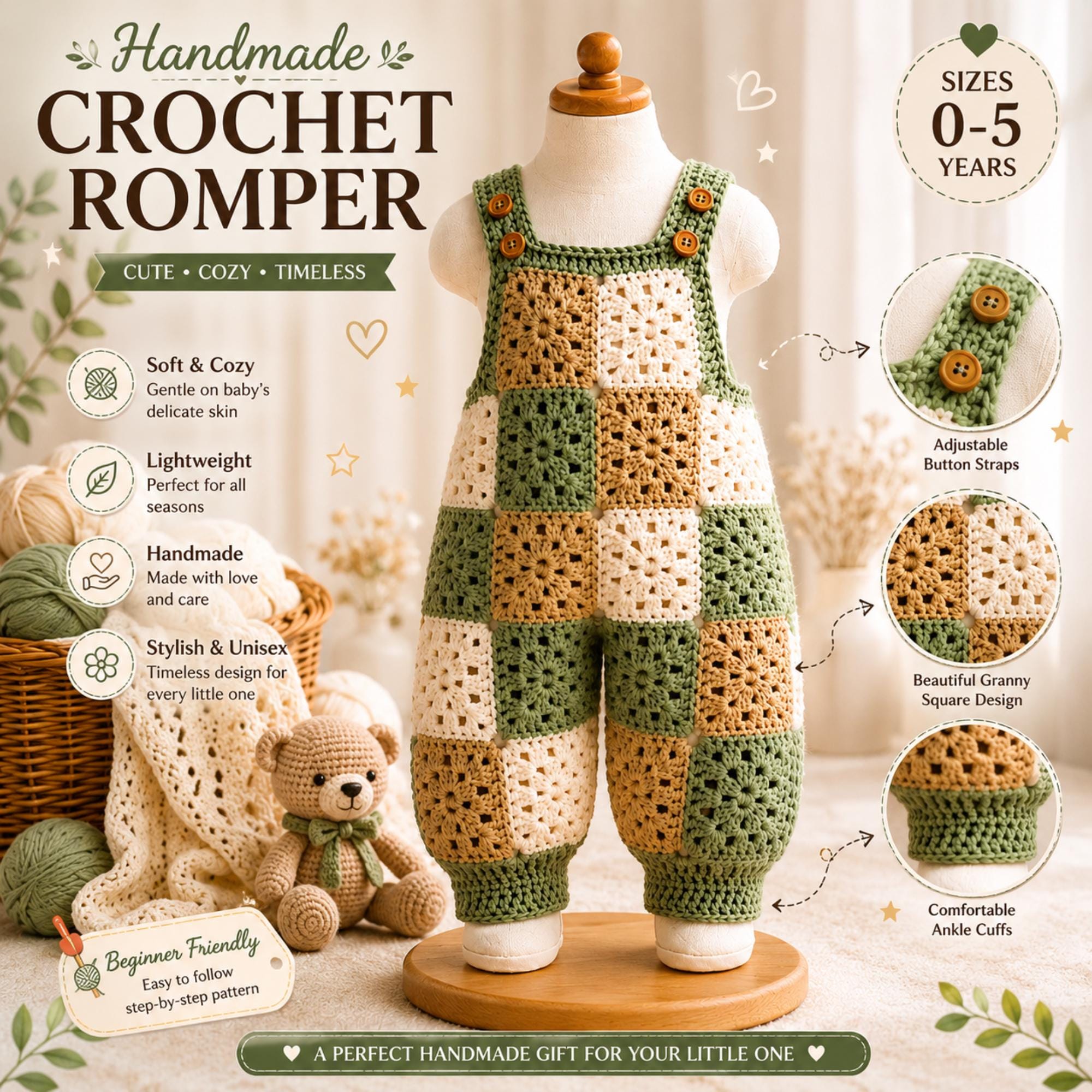 36 Crochet Baby Clothes Patterns with Bonnets, Booties, Rompers, and Dresses 14 Granny Square Crochet Baby Romper