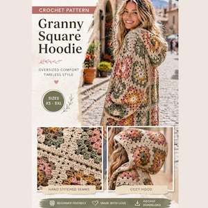 May include: A crochet pattern for a Granny Square Hoodie. The image shows a woman wearing a hooded, long-sleeved cardigan made of colorful granny squares. The pattern includes sizes XS to 5XL. The design features hand-stitched seams and a cozy hood.
