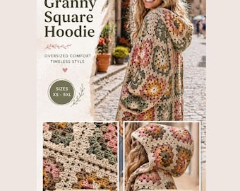 Granny Square Hoodie Crochet Pattern, Oversized Boho Sweater, Patchwork Design (PDF Download)