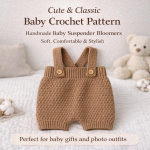 May include: A brown, handmade baby crochet suspender bloomer. The bloomer has a textured stitch, wooden buttons, and suspender straps. The text reads "Cute & Classic Baby Crochet Pattern" and "Handmade Baby Suspender Bloomers. Soft, Comfortable & Stylish."