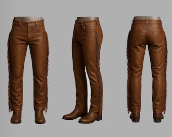 Unisex Handmade Brown Real Leather Cowboy Style Fringe Pant, Punk cowboy leather pants, Country festival pant, Gothic Leather Pant