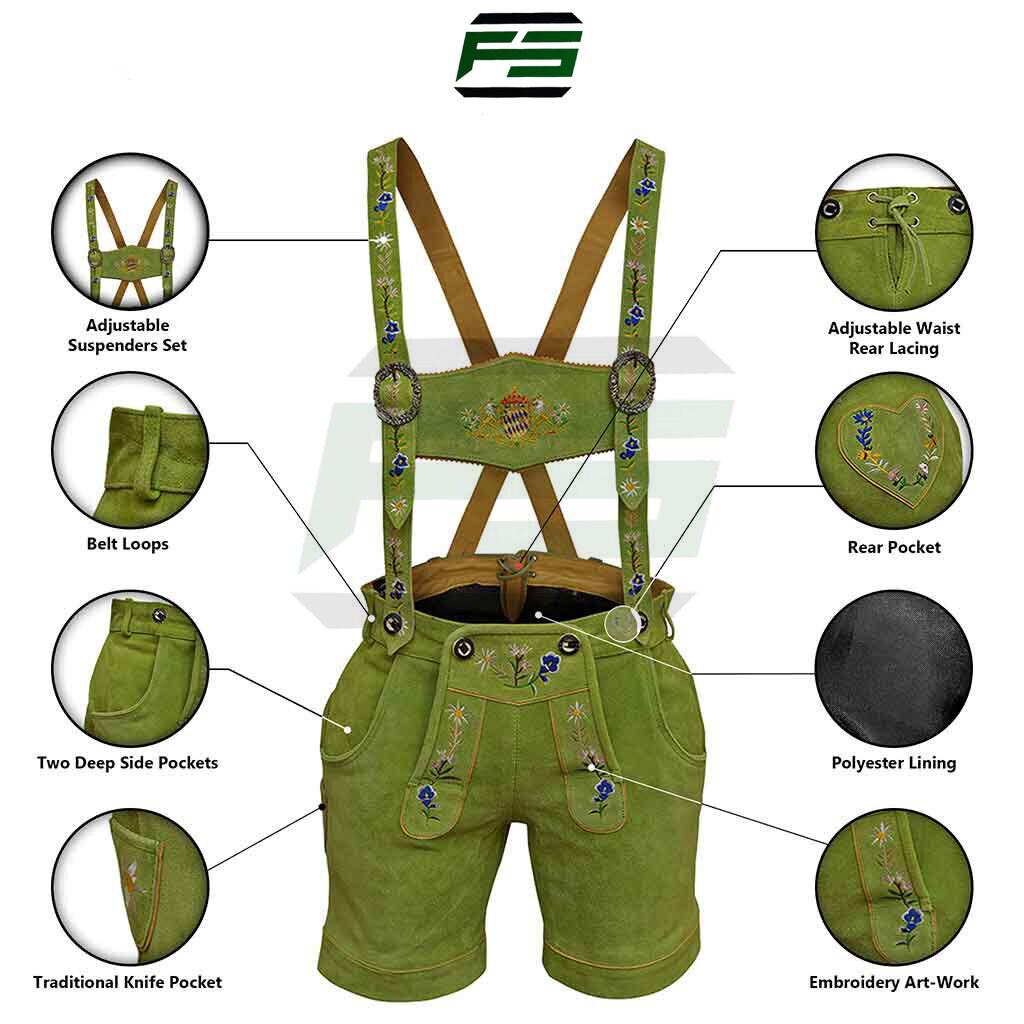 Women Suede Lederhosen Traditional German Leather Short Lime Green, Festivities Leather Trouser with Embroidery, Gift for Her