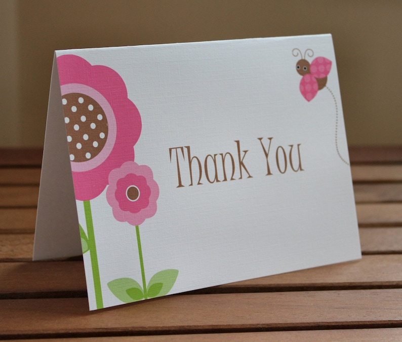 Baby Shower Birthday Personalized Note Card Little Lady Lady Bug and Flower Thank You Cards