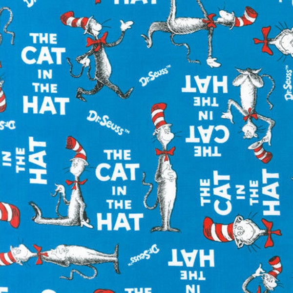 Dr. Seuss Fabric, The Cat in The Hat in Blue, Celebrate Seuss from Robert Kaufman Fabrics, 1 Yard Total