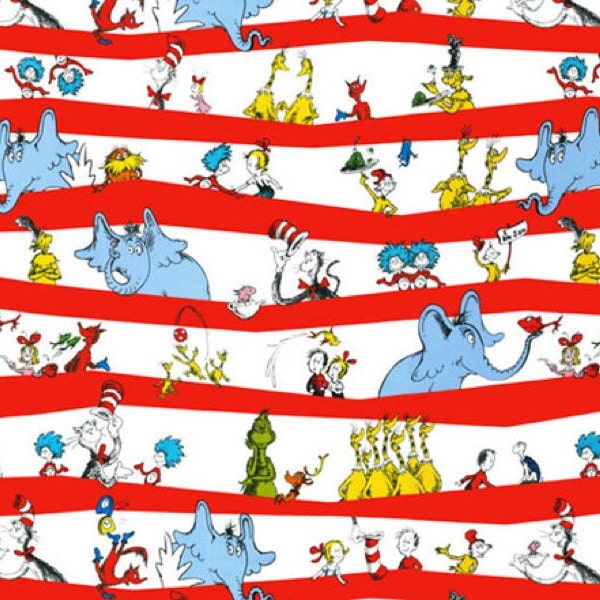 Die Katze im Hut, Dr. Seuss Fabric, feiern Seuss Kollektion von Robert Kaufman Fabrics, Charakter-Streifen in der Feier, 1 Yard