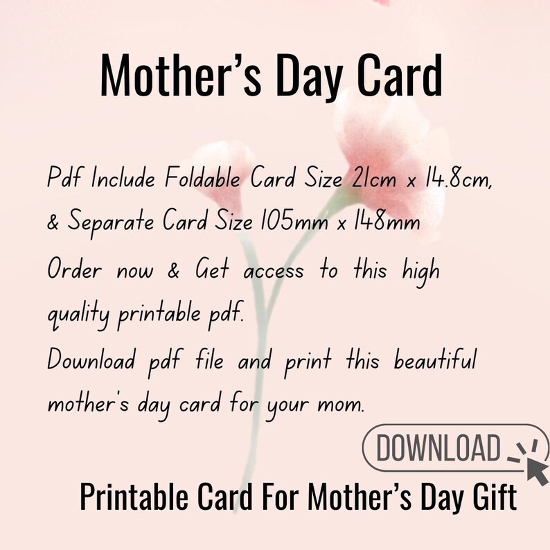 Mothers Day Card, Pink Flower Printable Card, Gift Card for Mom ...
