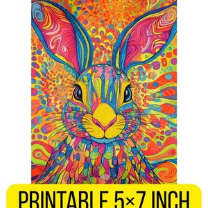 Cartão postal de coelho colorido exótico – Download digital 5x7 polegadas – Ideia de presente para formatura de primavera – Arte de coelho para impressão