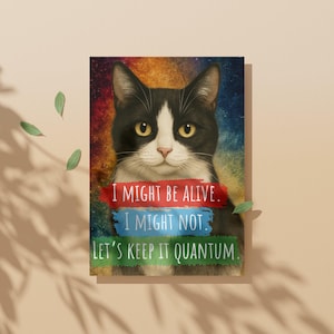 Cartão postal do gato de Schrödinger – | Cartão postal do gato de Schrödinger com arte de gato de física quântica | Material digital para impressão de gato de física quântica | Impressão digital 5x7" Download PDF+JPEG