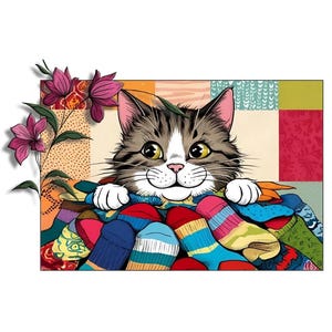Postal imprimible de gato feliz sobre calcetines de colores – 5 x 7 pulgadas | Descarga digital de arte de gato | Una postal de un gato feliz con calcetines de colores.