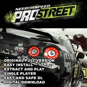 May include: Image of the Need for Speed ProStreet video game. The game's logo is at the top, with a black car's rear visible below. Text on the car includes "wane", "wise", and "Grip Enemy". Additional text lists features like "Original Full Version" and "Digital Download".
