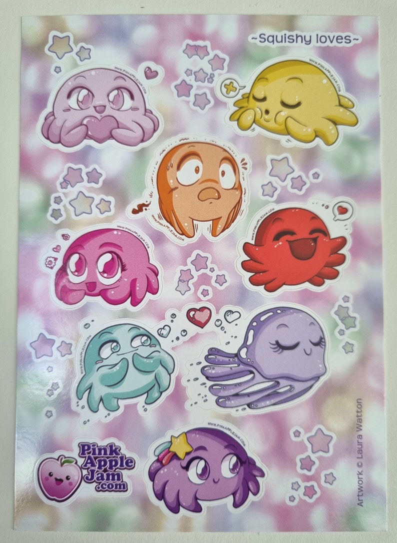 A6 Kawaii Vinyl Stickers 8 sheet designs to collect Cute Free UK postage Squishy Loves