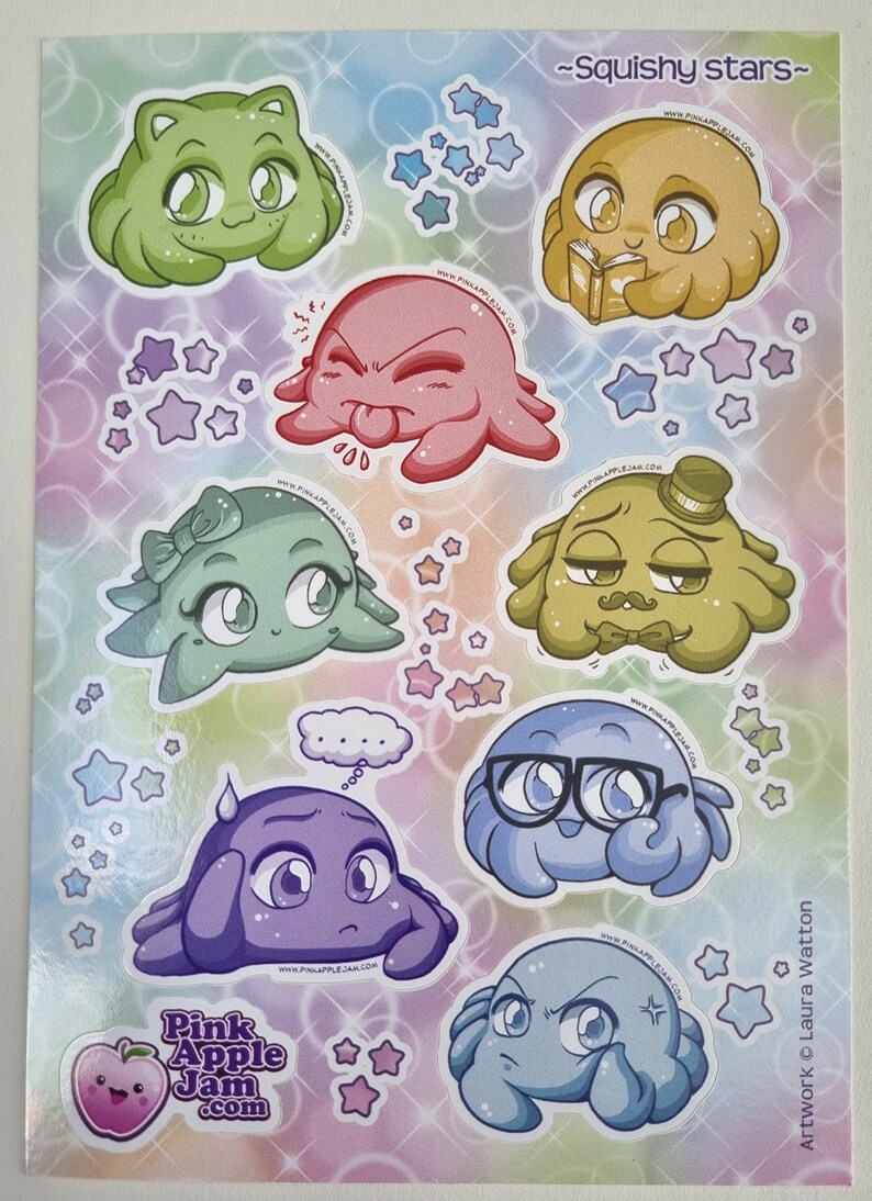 A6 Kawaii Vinyl Stickers 8 sheet designs to collect Cute Free UK postage Squishy Stars