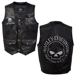 Harley Men's Reflective Skull Real Leather Black Motorcycle Vest HD Biker vest, café racer vest