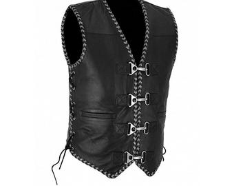 Buffalo Leather Motorcycle Club Grey Ribbed Vest - Customizable Motorcycle Club Vest, Leather Club Vest, Biker Vest, Gift for Riders