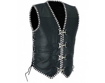 Buffalo Leather Motorcycle Club White Ribbed Vest - Customizable Motorcycle Club Vest, Leather Club Vest, Biker Vest, Gift for Riders