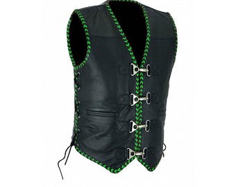 Buffalo Leather Motorcycle Club Green Ribbed Vest - Customizable Motorcycle Club Vest, Leather Club Vest, Biker Vest, Gift for Riders