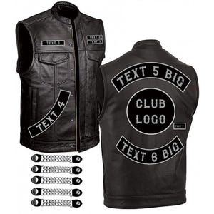 Może przedstawiać: Czarna skórzana kamizelka motocyklowa z wieloma naszywkami. Naszywki zawierają "TEXT 1", "TEXT 2", "TEXT 4", "TEXT 5 BIG", "CLUB LOGO", "TEXT 6 BIG". Kamizelka ma również sześć srebrnych metalowych zatrzasków.