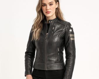 Premium Lioness Ladies Black Leather Jacket – Buffalo Leather, Satin Lining, Back Protection  - Gift for her, Gift for Women & Girl Riders