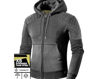 May include: A charcoal gray zip-up hoodie with a hood and quilted shoulder and upper arm panels. The hoodie has a front pocket and the text "X5 STRONGER THAN STEEL", "FLEXIBILITY", "WATER PROOF", and "2-WAY STRETCH" on a black and gold label.