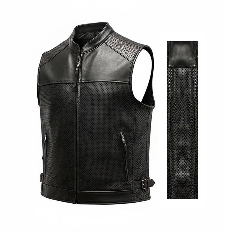 May include: Black leather vest with a perforated design. The vest features a stand-up collar, a front zipper, and two zippered pockets. A matching perforated leather strip is shown to the right of the vest.