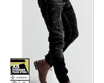 May include: Black denim jeans with a faded wash, paired with brown leather boots. The image includes a graphic with the text "X5 STRONGER THAN STEEL", "FLEXIBILITY", "WATER PROOF", and "2-WAY STRETCH".