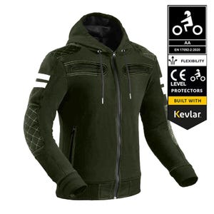 May include: Dark green motorcycle jacket with a hood, white stripes on the sleeves, and diamond-stitched shoulder and elbow patches. Features a full-length zipper, two front pockets, and a black lining. Includes a Kevlar label and safety certifications.