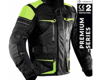Dynatech Armored Kevlar Motorcycle Jacket Waterproof All-Weather CE Level 2 Armor – Black & Yellow Flurocent Gents MC Touring Riding Jacket