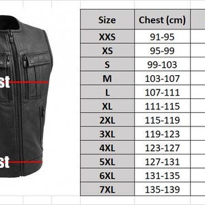 May include: A black leather vest with a zip-up front, two chest pockets, and two lower pockets. The image includes a size chart with chest and waist measurements in centimeters, ranging from XXS to 7XL.