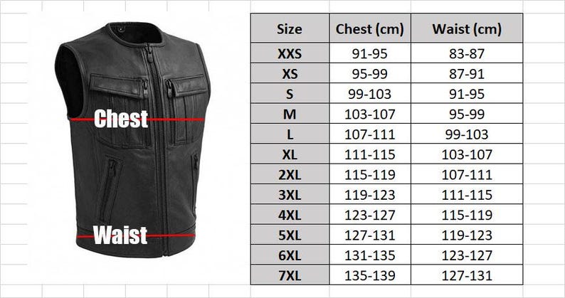 May include: A black leather vest with a zip-up front, two chest pockets, and two lower pockets. The image includes a size chart with chest and waist measurements in centimeters, ranging from XXS to 7XL.