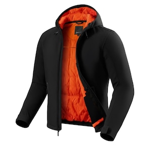 May include: A black hooded jacket featuring a vibrant orange quilted interior lining. The jacket has a full-length front zipper, long sleeves with adjustable cuffs, and a hood. The interior label is visible at the neck area of the garment.