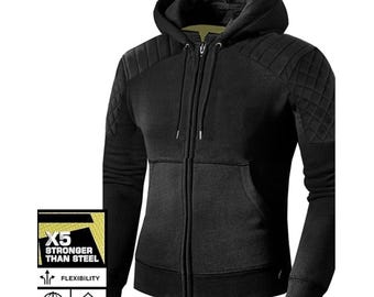 May include: Black zip-up hoodie with a hood and quilted shoulder accents. The hoodie features a front pocket and the text "X5 STRONGER THAN STEEL", "FLEXIBILITY", "WATER PROOF", and "2-WAY STRETCH".