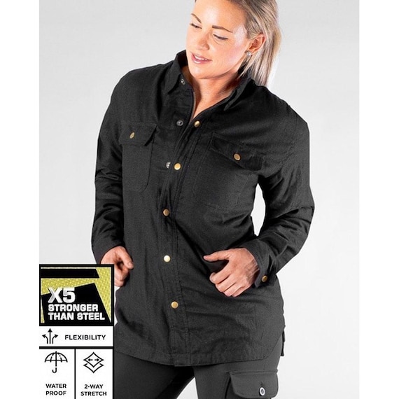 Black Flannel KEVLAR Lined  Motorcycle Shirt for her– High Safety with CE Protection, Women Motorcycle Shirt, MC Riders Shirt, Gift for her