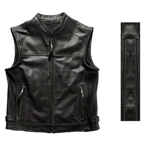 May include: Black leather vest with a perforated design. The vest has a stand-up collar, a front zipper, and two zippered pockets. The shoulders and collar have solid leather panels. A matching leather strap is shown on the right side.
