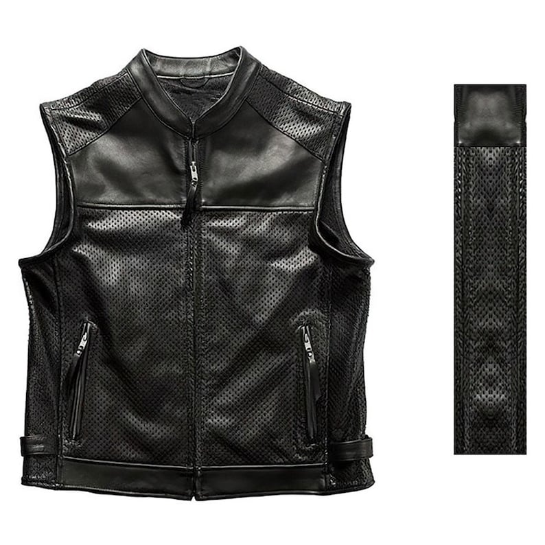 May include: Black leather vest with a perforated design. The vest has a stand-up collar, a front zipper, and two zippered pockets. The shoulders and collar have solid leather panels. A matching leather strap is shown on the right side.