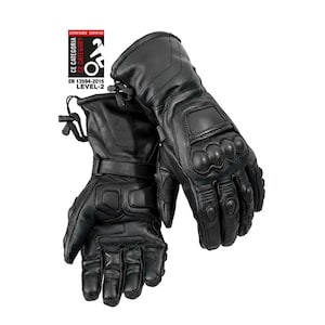 May include: Black motorcycle gloves with reinforced knuckles and palms. The gloves have a CE Category 2 certification and are EN 13594-2015 Level-2 certified. They feature adjustable wrist straps and a gauntlet design for added protection.