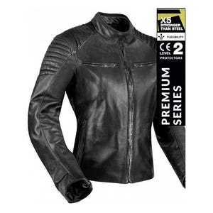 Anthrazitschwarze Motorradlederjacke mit CE Level 2-Schutz - Kevlar-Futter, 100% Ziegenleder, inklusive Schutzausrüstung
